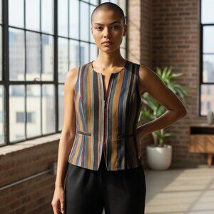 Vintage 90s Anne Klein II Zip-front Silk Shantung Striped Sleeveless Top Sz 10P